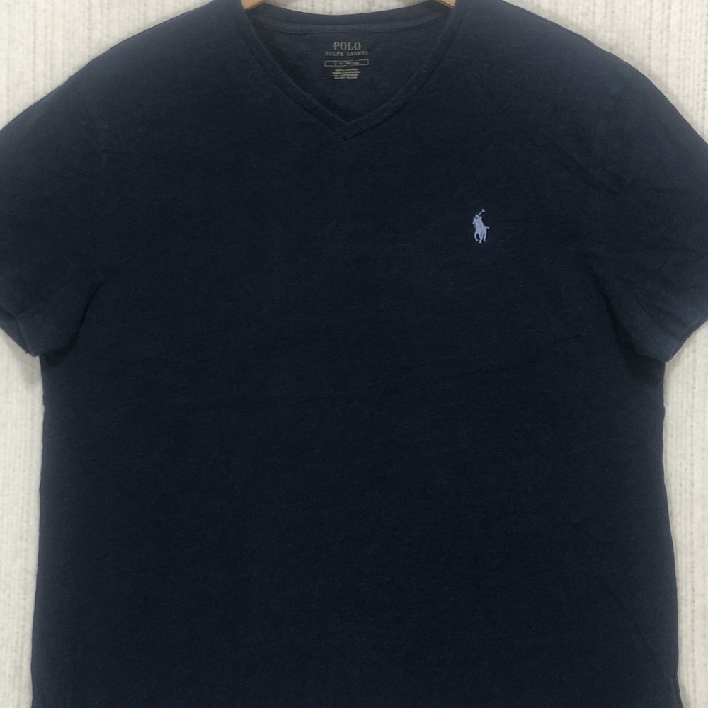 Polo Ralph Lauren Mens V-Neck T-Shirt Navy Blue Heathered Pony Logo Large L